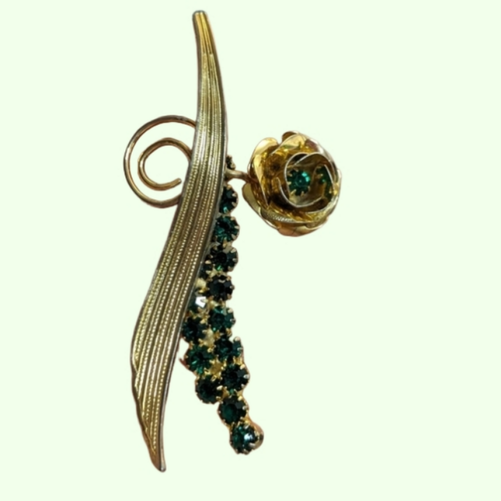 Vintage Gold and Green Rhinestone Flower Brooch